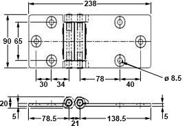 Plan coté charnière encastrée double articuation