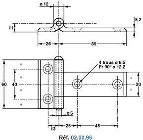 Plan coté charnière acier réf. 02.00.96