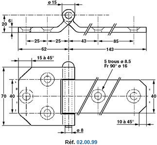 Plan coté charnière cambrée acier réf. 02.00.99