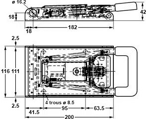 Plan coté poignée pour crémone en applique ø 16 mm