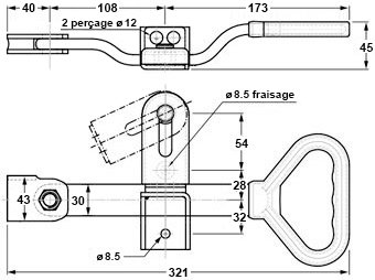 Plan coté poignée de crémone en applique DELTA ø 20 mm