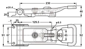 Plan coté poignée de crémone en applique ø 20 mm