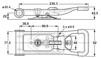 Plan coté poignée de crémone en applique ø 20 mm