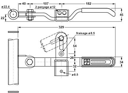 Plan coté poignée de crémone en applique DELTA ø 20 mm
